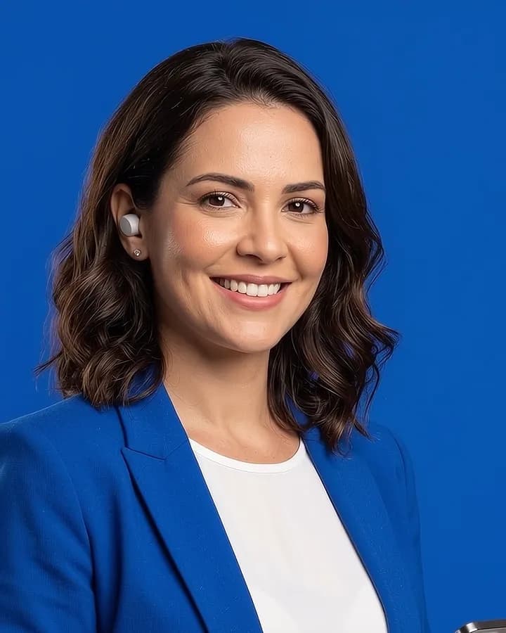 Bela, a assistente por voz da Licita Bela, sorrindo com o celular na mão